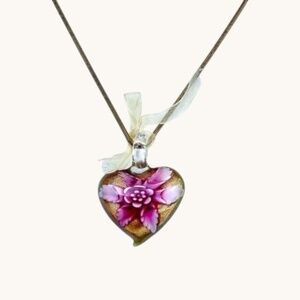 Heart Pendant Necklace Chunky Amber Heart Pink Flower